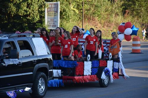 girls soccer team on float